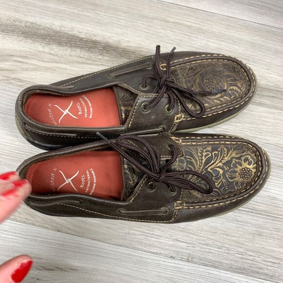 Twisted X Womens Size 7M Floral Tooled Driving Shoes Moc WDM0070 Brown Embossed - Picture 10 of 11